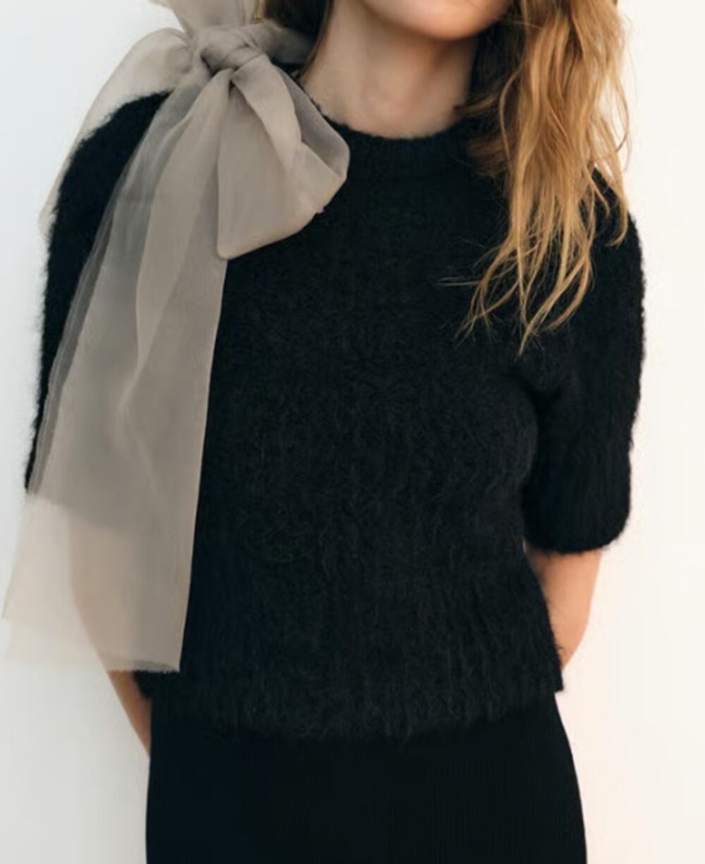 Zara Organza Sheer Bow Black Fuzzy Knit Wool Blend Short Sleeve Sweater Large